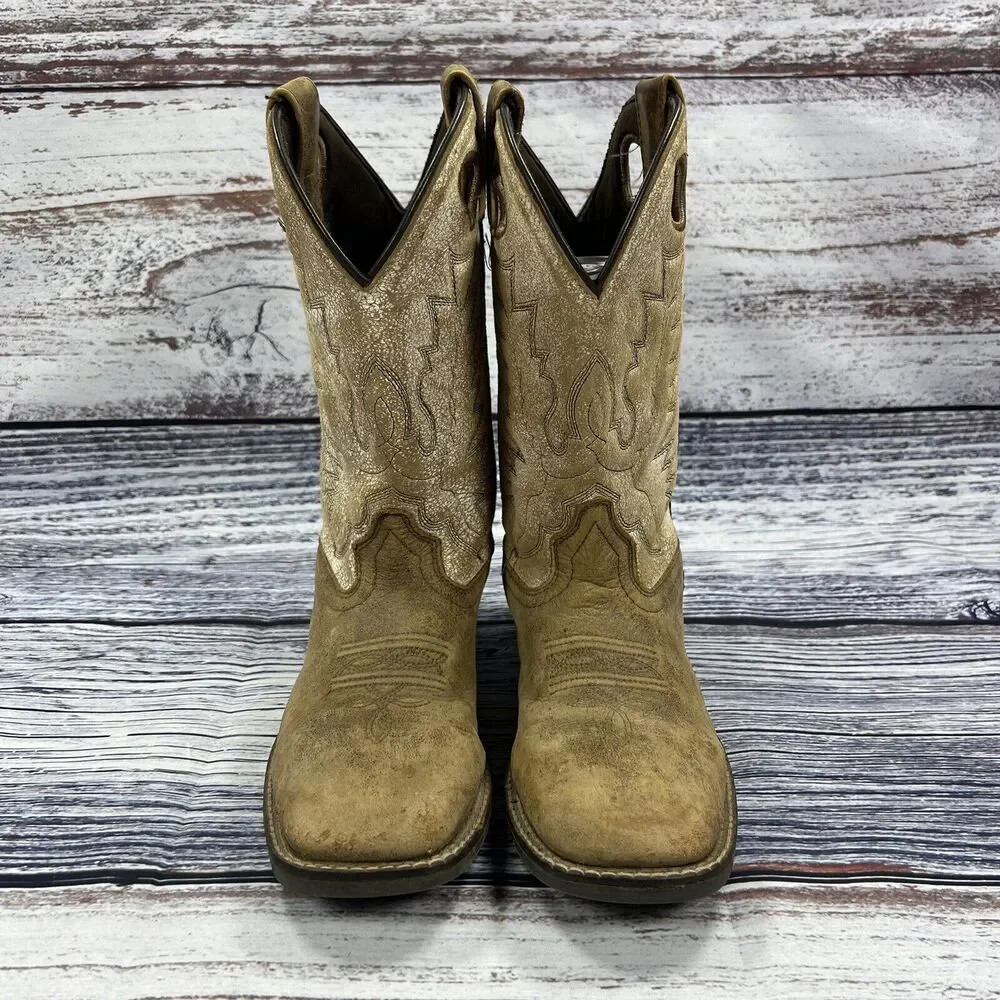 Smoky Mountain Boots Drifter Brown & White Leather Square Toe Western, Youth 3.5